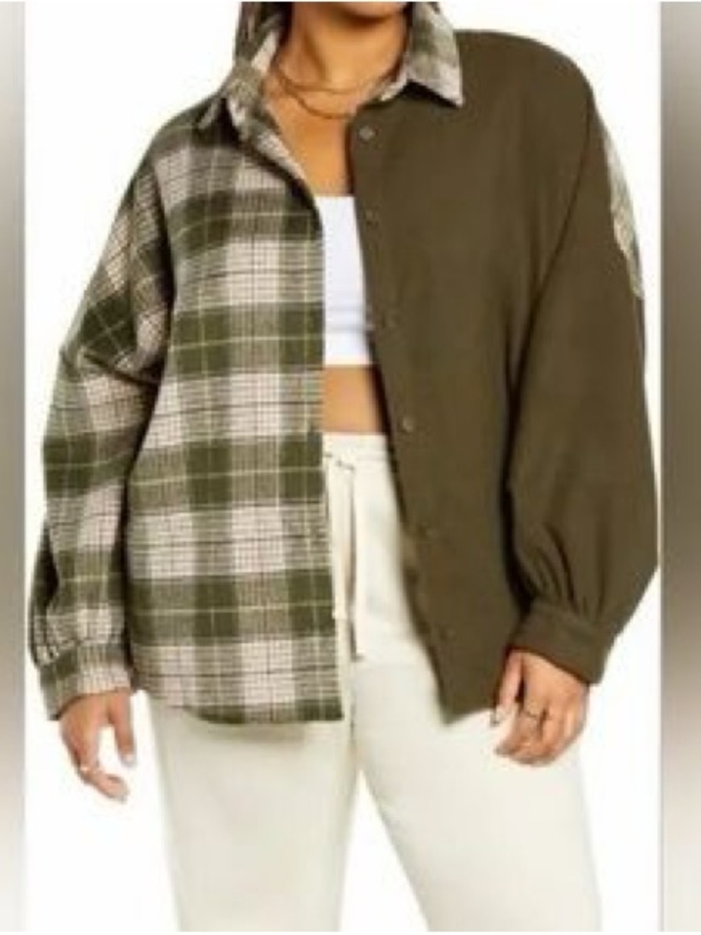 HYFVE Olive Green and Cream Flannel Top